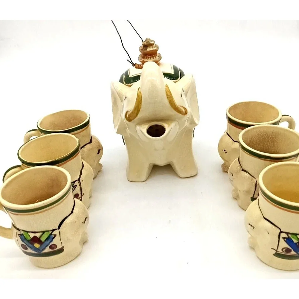 Vintage Japan Porcelain Elephant Hand Painted Pagota Teapot with 6 Matching Cups